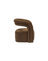 Upholstered Fior Armchair in Warm Espresso, side profile showing the sculptural wrapped arms