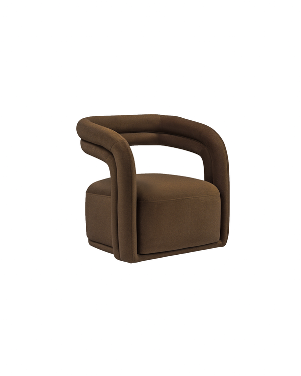 Upholstered Fior Armchair in Warm Espresso, three-quarter view with sculptural wrapped arms