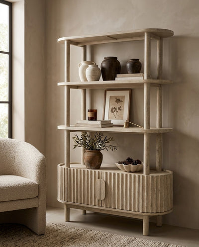 Acacia Gather Bookcase styled with a coffee table