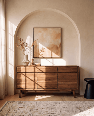 Acacia Homestead Sideboard in Warm Pecan styled in a dining room