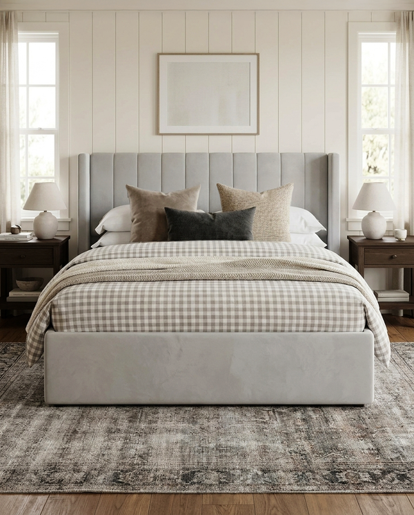 Jenny Lift Up Storage Bed in Dove Grey Velvet styled in a bedroom