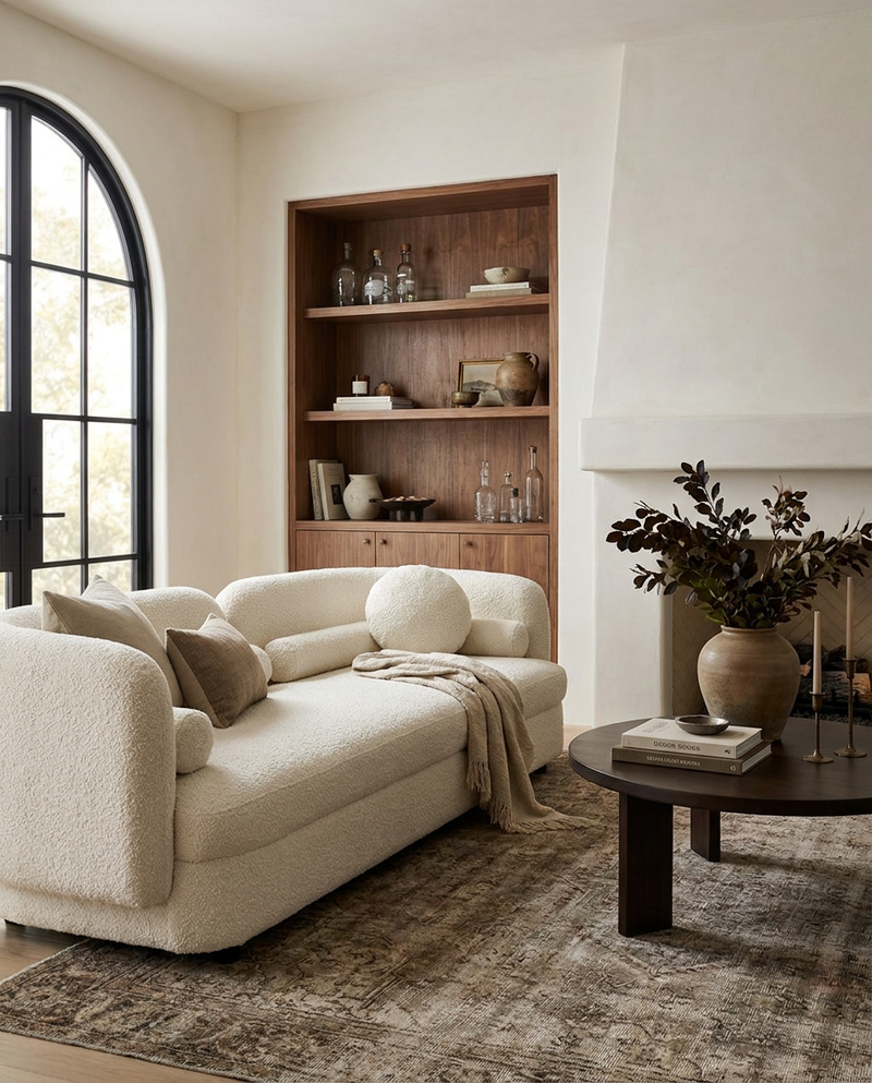 Juniper Sofa in Meringue Bouclé styled in a living room (view 3)