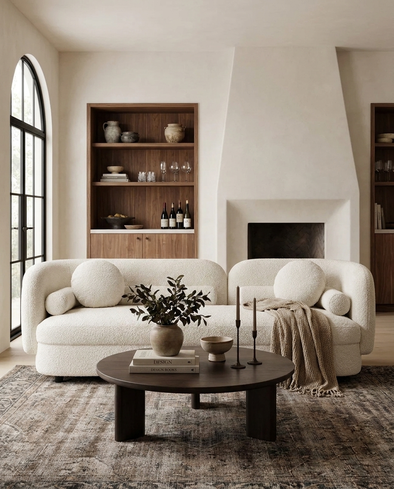 Juniper Sofa in Meringue Bouclé styled in a living room
