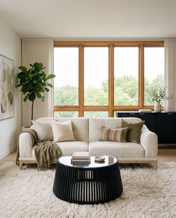 Upholstered Juno Sofa styled in a living room