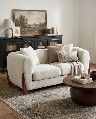 Bouclé Kova Loveseat styled in a living room
