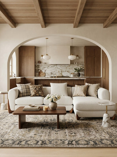 Bouclé Kova Sectional sectional sofa styled in a living room
