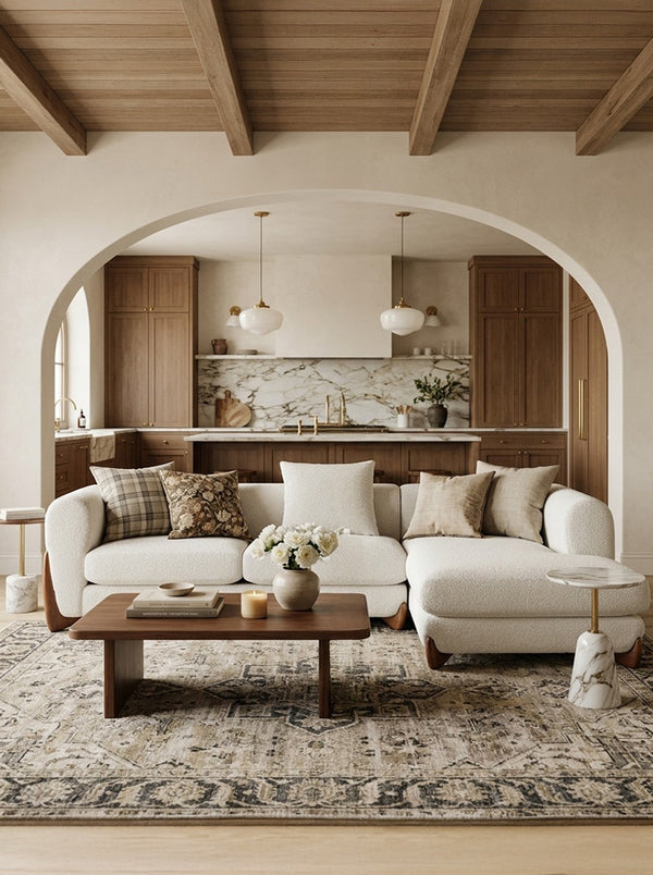 Bouclé Kova Sectional sectional sofa styled in a living room