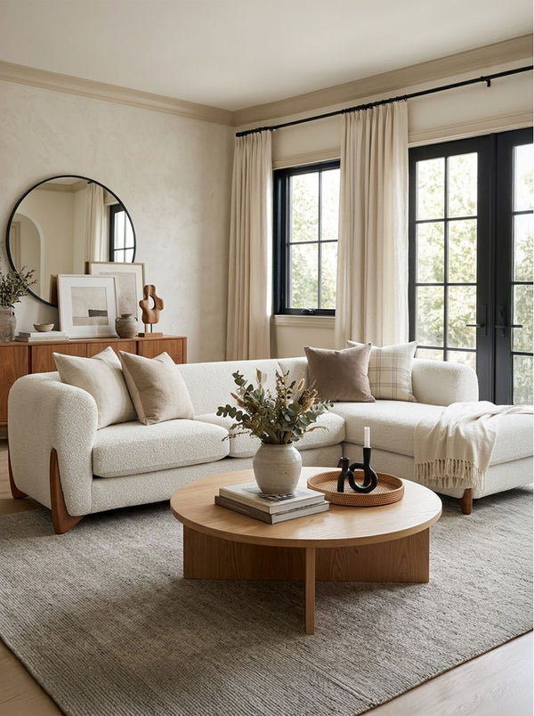 Bouclé Kova Sectional sectional sofa in a living room with natural light