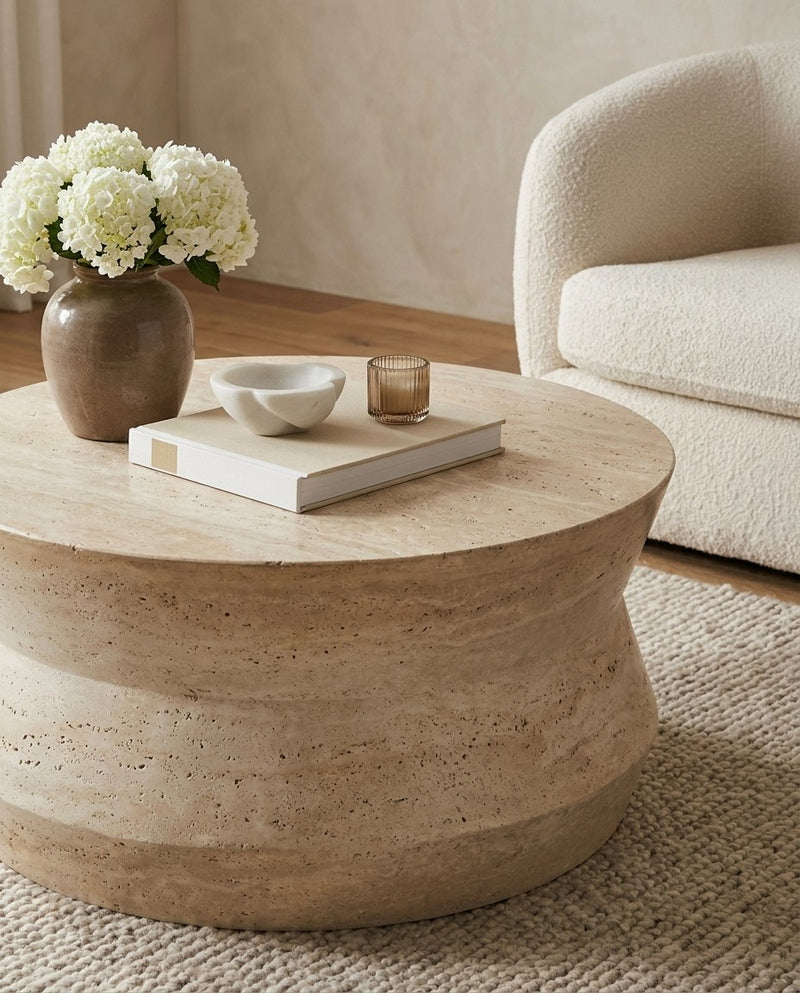 Concrete Lucio Coffee Table in a living room with natural light