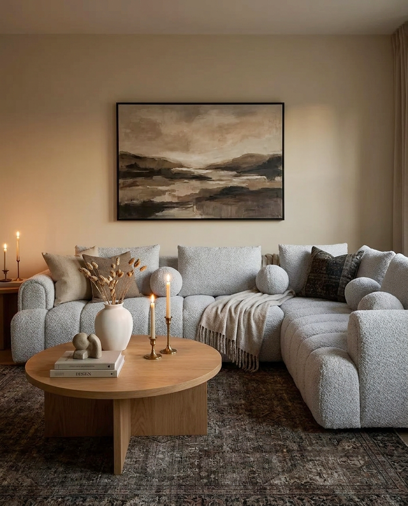 Bouclé Mellow Sectional in Silver Mist styled in a living room