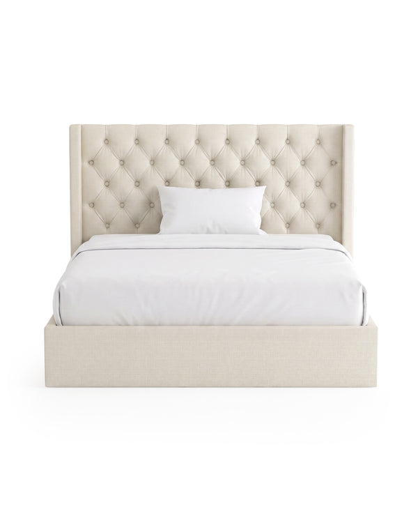 Aykah upholstered Nora Lift Up Storage Bed, front view with beige linen