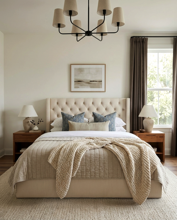 Upholstered Nora Lift Up Storage Bed styled in a bedroom