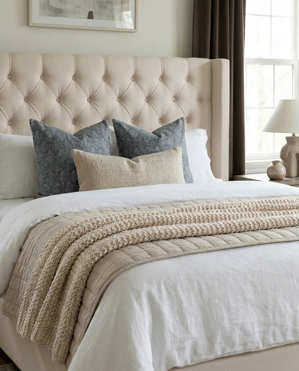 Upholstered Nora Lift Up Storage Bed styled beside a nightstand
