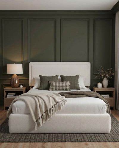 Upholstered Numa Lift Up Storage Bed styled in a bedroom