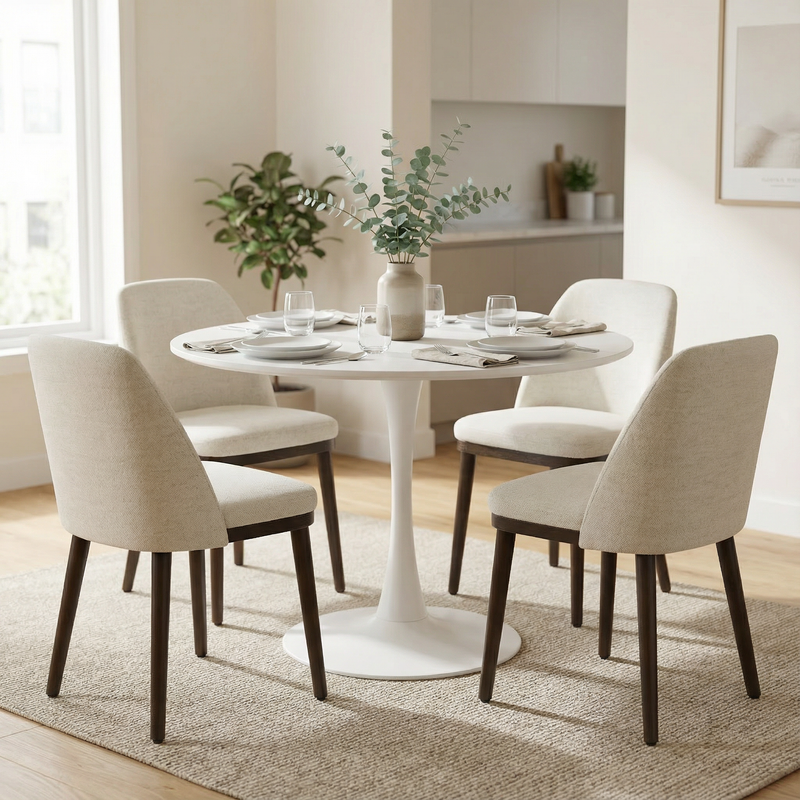Raya Dining Chair in Cashmere Cream around a dining table