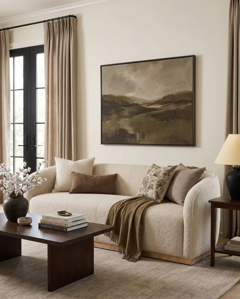 Sorelle Sofa in Almond Biscotti styled in a living room