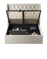 Brittany Lift Up Storage Bed in Ivory Velvet with the storage base lifted open
