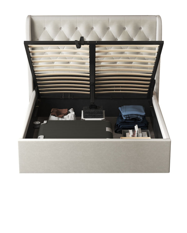 Brittany Lift Up Storage Bed in Ivory Velvet with the storage base lifted open