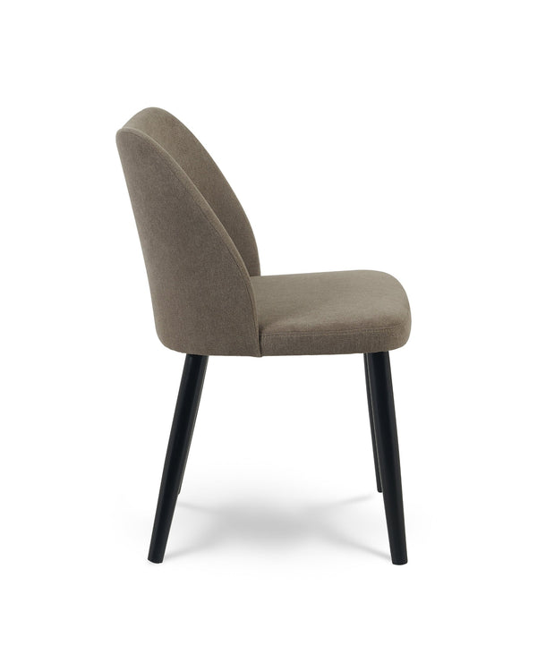 Upholstered Capri Dining Chair in Olivewood, side profile showing the curved backrest