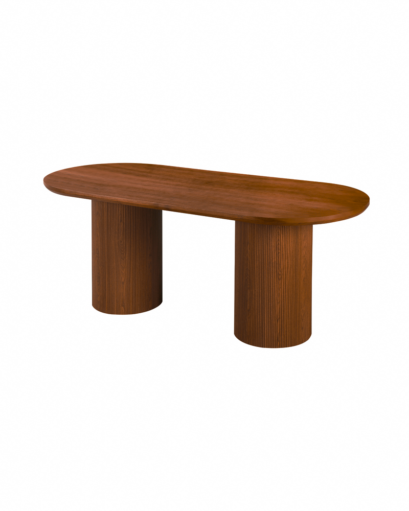 Cydra Dining Table in Walnut, 71 inches, three-quarter view with fluted base