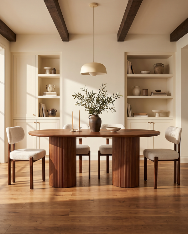Cydra Dining Table in Walnut, styled in a room