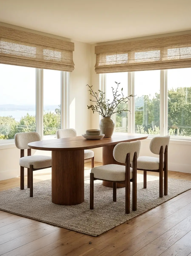 Cydra Dining Table in Walnut, styled in a room