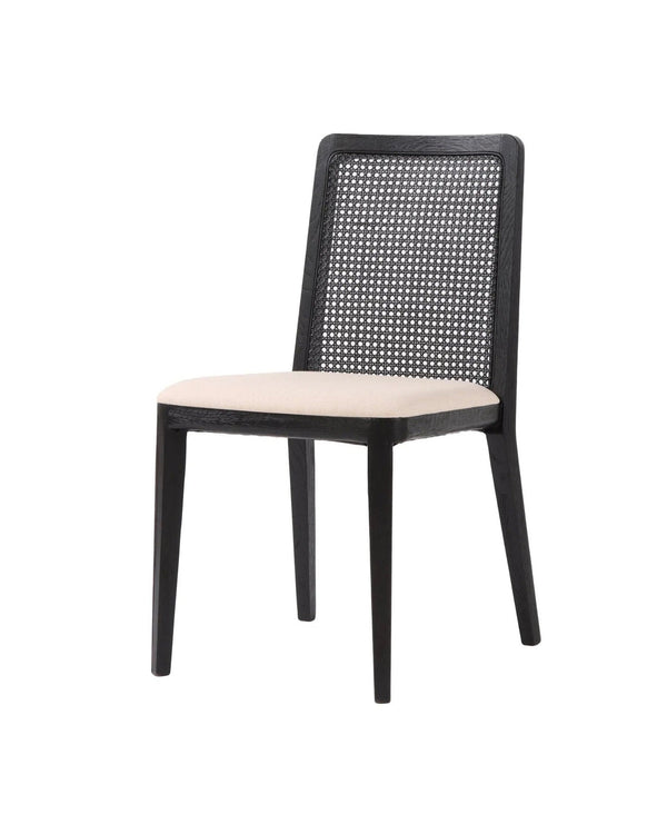Linen Dario Dining Chair, three-quarter view with woven cane back