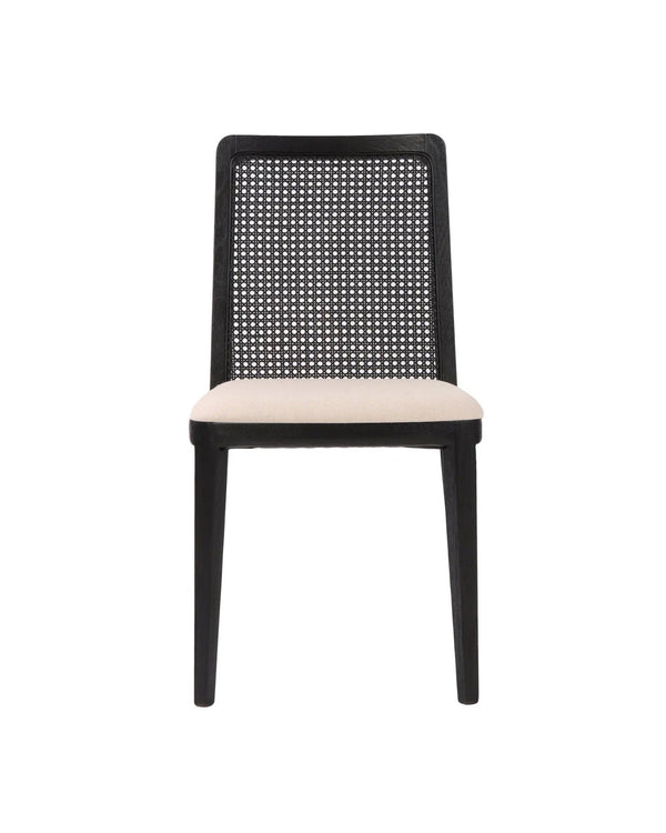Aykah linen Dario Dining Chair, front view with woven cane back