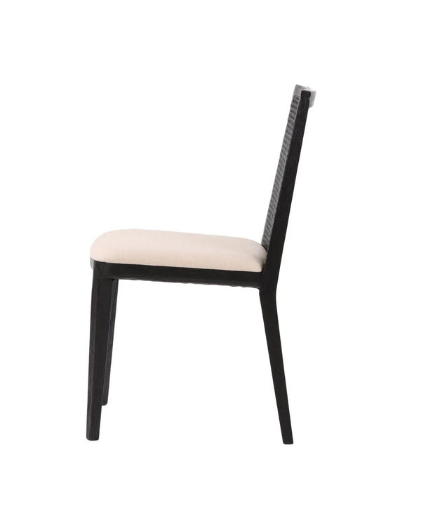 Linen Dario Dining Chair, side profile showing the woven cane back