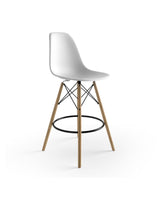 Metal Eiffel White Counter Stool, three-quarter view with splayed wooden legs