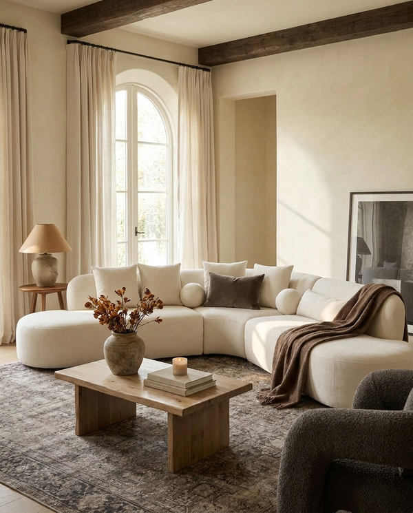 Aykah Elaan Sectional in White Chocolate, styled in a sunlit living room