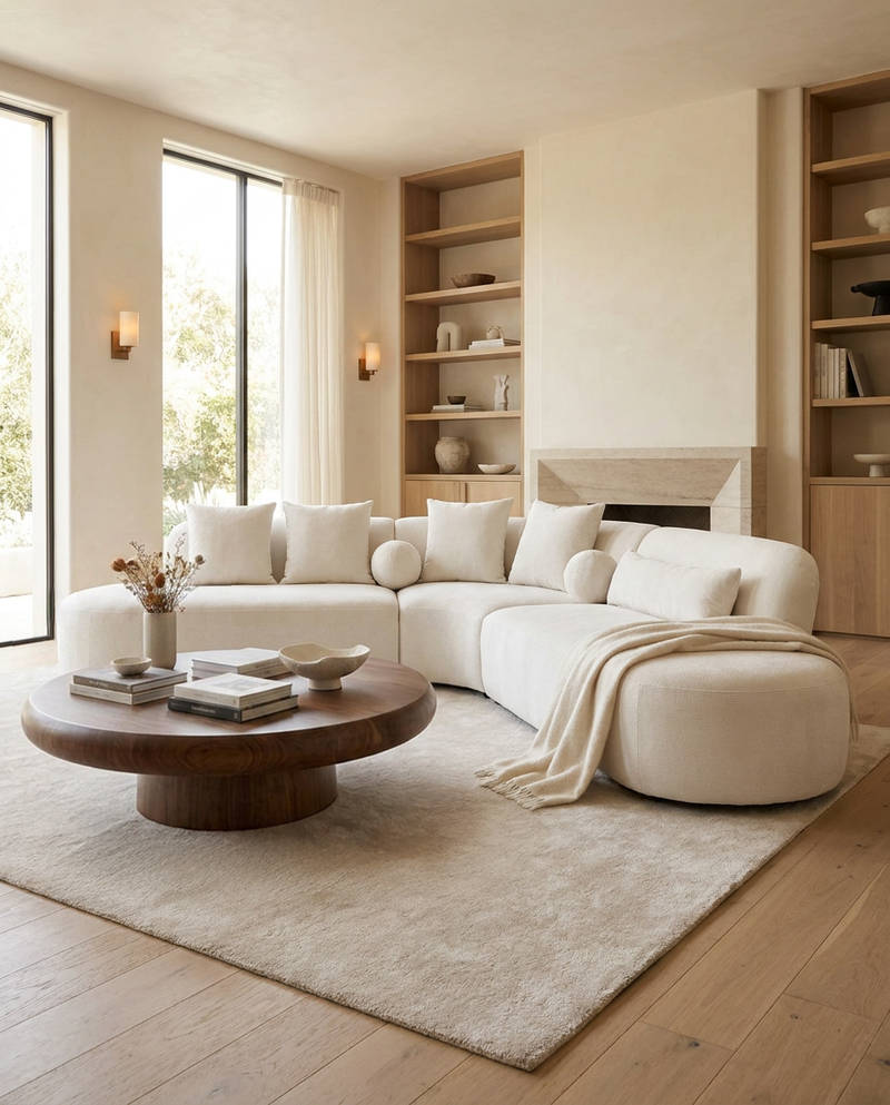 Elaan Sectional in White Chocolate, styled in a living room
