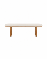 Ella Bench in Almond Cream with Oak-finish metal legs, front view