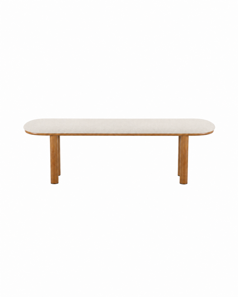 Ella Bench in Almond Cream with Oak-finish metal legs, front view