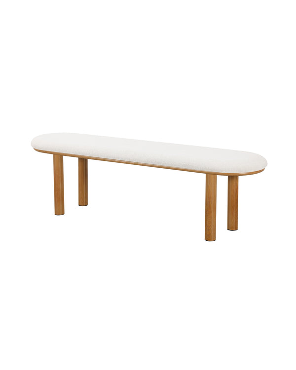 Bouclé Ella Bench with Oak-finish metal legs, three-quarter view showing the rounded seat