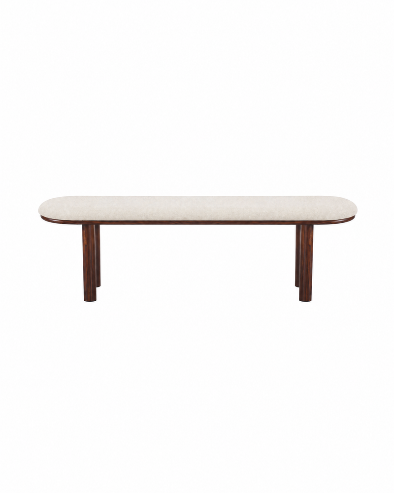 Ella Bench in Almond Cream with Walnut-finish metal legs, front view