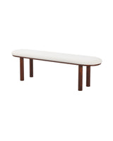 Bouclé Ella Bench with Walnut-finish metal legs, three-quarter view showing the rounded seat
