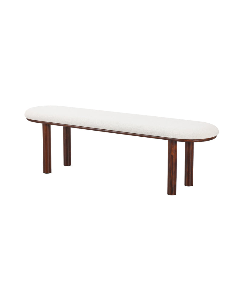 Bouclé Ella Bench with Walnut-finish metal legs, three-quarter view showing the rounded seat