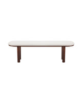 Bouclé Ella Bench with Walnut-finish metal legs, front view