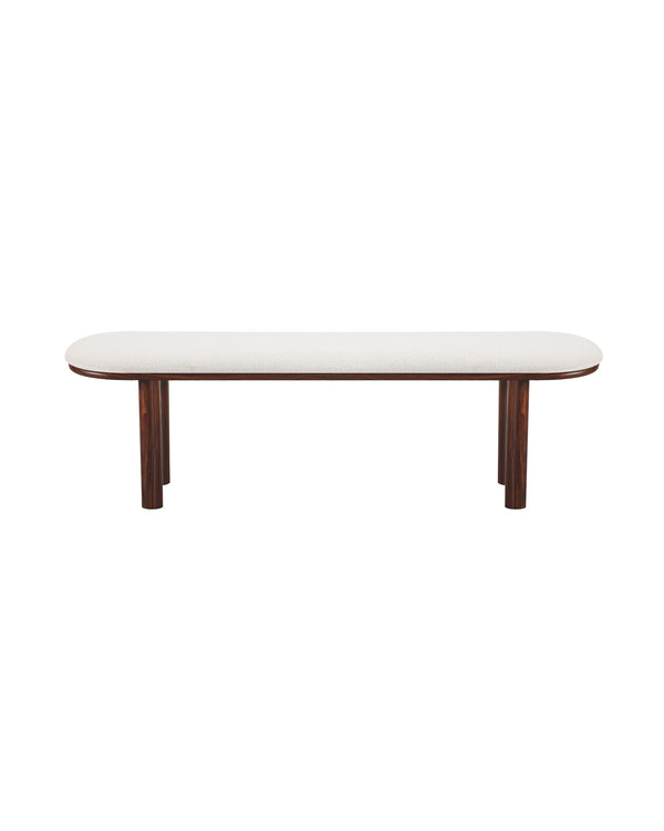Bouclé Ella Bench with Walnut-finish metal legs, front view