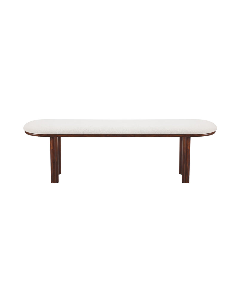 Bouclé Ella Bench with Walnut-finish metal legs, front view