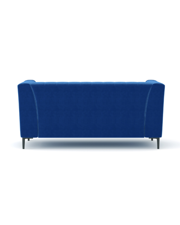 Enigma Loveseat in Blue Velvet, back view showing the finished reverse