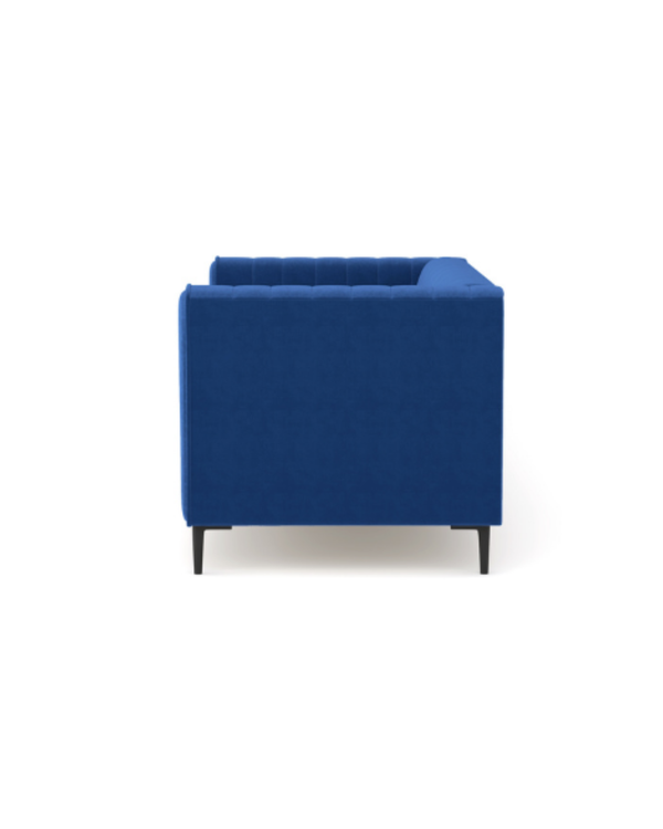Enigma Loveseat in Blue Velvet, side profile showing the supportive cushions