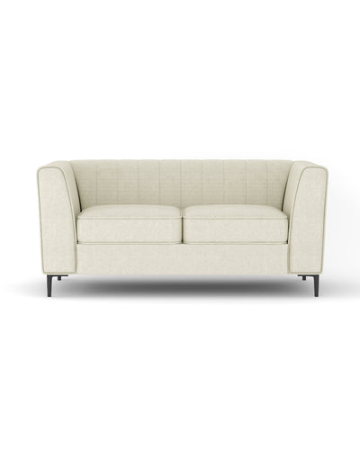 Aykah Enigma Loveseat in Oat Linen, front view with supportive cushions