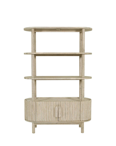 Aykah acacia Gather Bookcase, front view with fluted cabinet doors