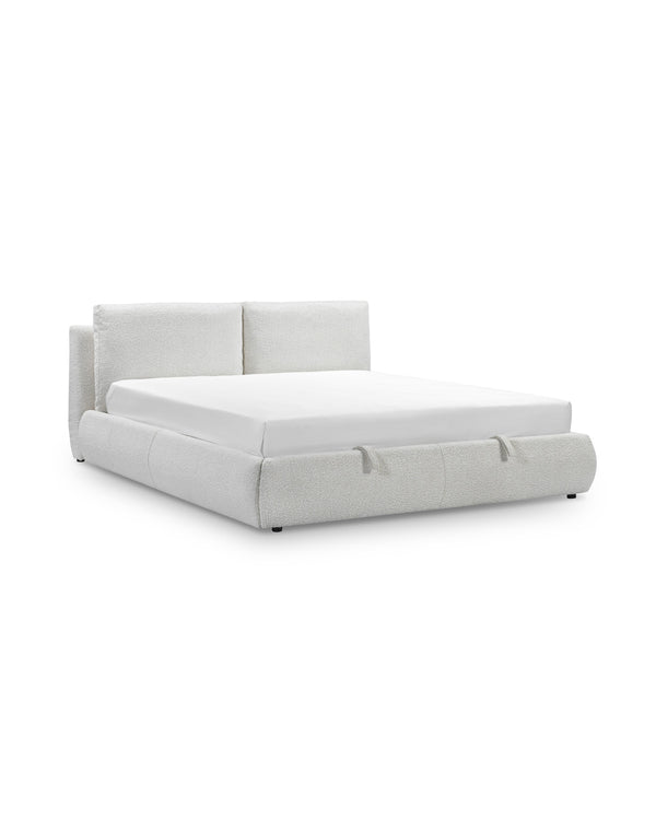 Aykah upholstered Halo Bed in Oyster, three-quarter view