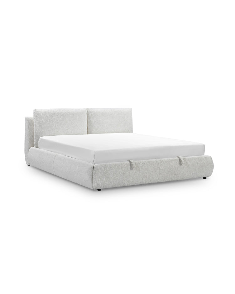 Aykah upholstered Halo Bed in Oyster, three-quarter view