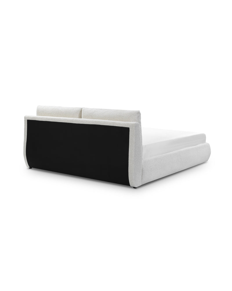 Aykah upholstered Halo Bed in Oyster, rear view showing the frame and seams