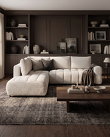 Aykah chenille Harmony Sectional in Ivory Melange, styled in a living room with built-in shelving