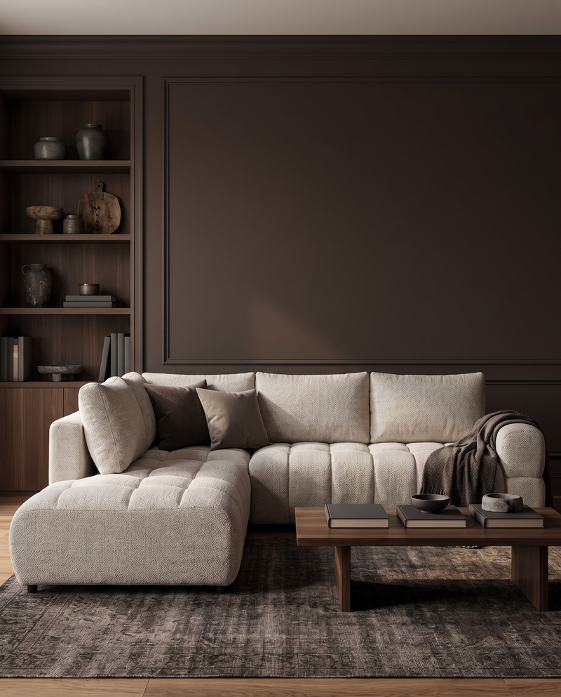 Aykah chenille Harmony Sectional in Ivory Melange, styled in a living room with dark wood panelling